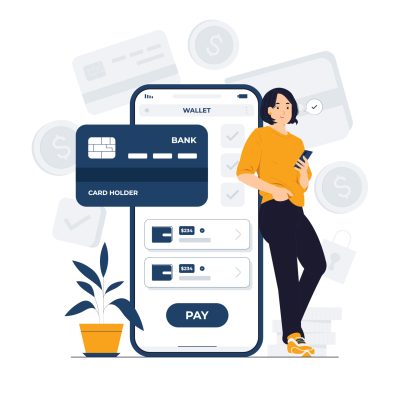E wallet, digital payment, online transaction with woman standing and holding mobile phone concept illustration E wallet, digital payment, online transaction with woman standing and holding mobile phone concept illustration
