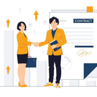 Vector concept illustration of two business partners handshaking, Meeting, Partnership, business deal, agreement, Signing a contract flat cartoon style Vector concept illustration of two business partners handshaking, Meeting, Partnership, business deal, agreement, Signing a contract flat cartoon style